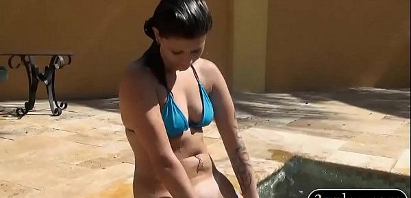  Three sweet babes show off ass and orgy in the pool